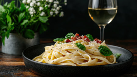Delicious pasta dish with tomato and basil garnishの素材