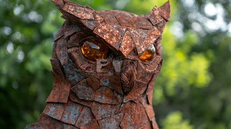 Rustic metal owl sculpture with glowing amber eyesの素材