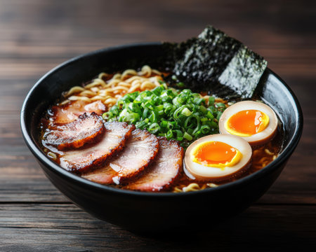 Delicious ramen noodle bowl with pork, egg, and green onionsの素材