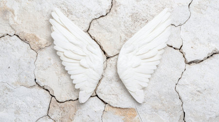 white angel wings on cracked stone backgroundの素材