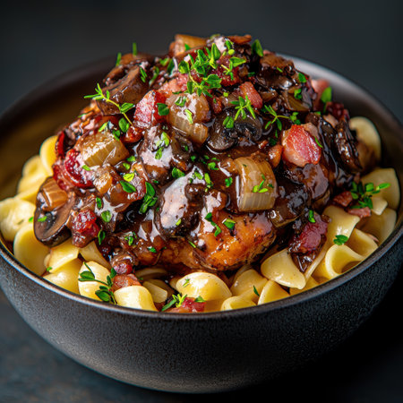 Hearty beef stew with vegetables and pastaの素材