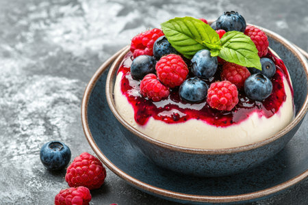 Delicious berry dessert with fresh raspberries and blueberriesの素材
