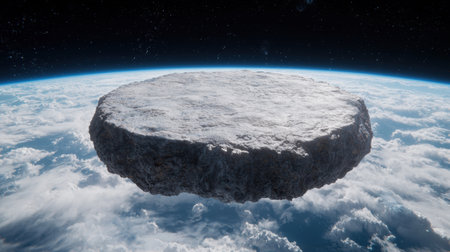Massive floating rock in space above earthの素材