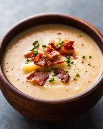 Delicious creamy potato soup with crispy bacon bitsの素材