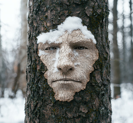 Snowy face carved into tree trunkの素材