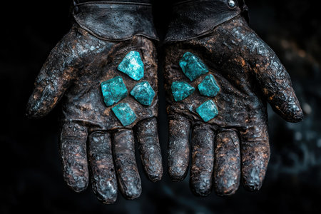 Weathered hands holding raw turquoise stonesの素材