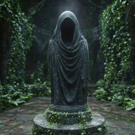 Mysterious hooded figure in dark forestの素材