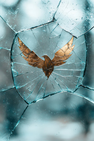 Broken glass with golden bird silhouetteの素材