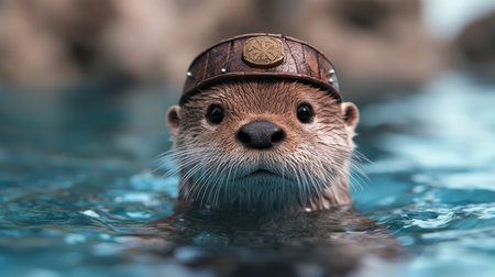 Cute otter wearing a mining helmet swimming in waterの素材