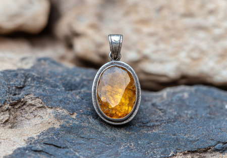 Amber gemstone pendant on rocky surfaceの素材