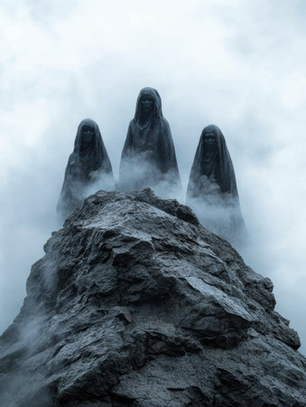 Mysterious hooded figures on a misty mountainの素材