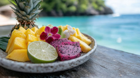 tropical fruit platter with pineapple, dragonfruit, and lime on beachの素材