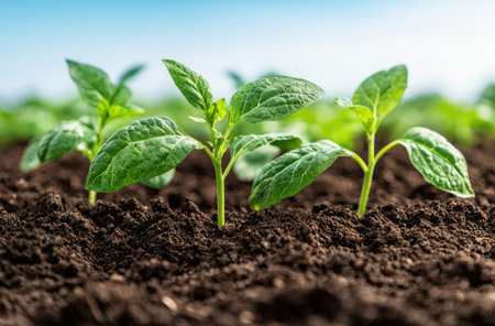 young green plants growing in fertile soilの素材