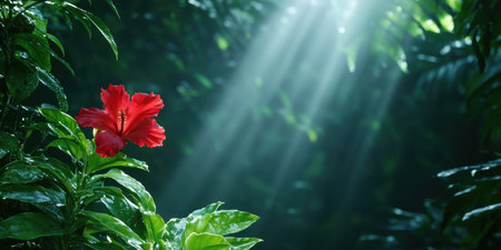 vibrant red hibiscus flower in lush tropical foliageの素材