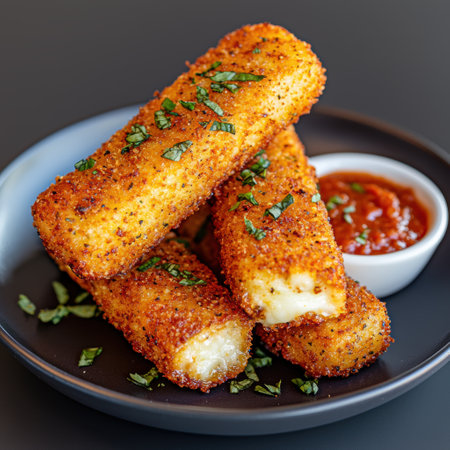 Crispy breaded cheese sticks with marinara dipping sauceの素材