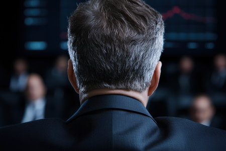 Businessman in a dark suit standing with his back to the cameraの素材