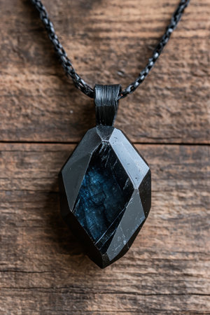 Unique black crystal pendant necklace on wooden backgroundの素材