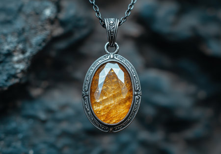 Ornate silver pendant with amber crystalの素材