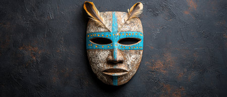 Tribal mask with feathers on dark backgroundの素材