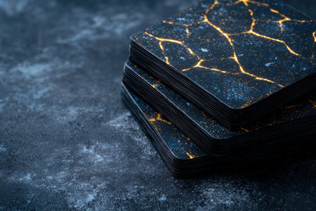 Stacked dark marble-patterned business cards on a textured surfaceの素材