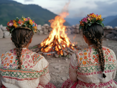 Vibrant floral crowns and traditional clothing at a mountain bonfireの素材