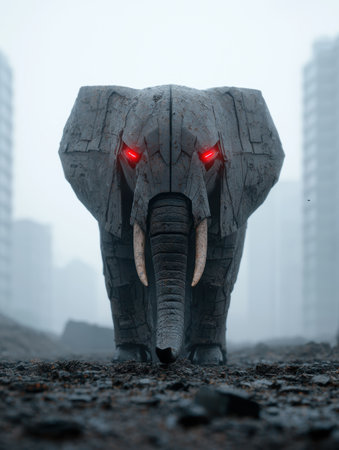 Mysterious robotic elephant with glowing red eyes in a foggy landscapeの素材