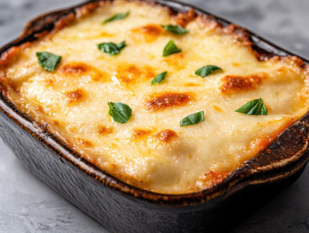 Delicious baked cheese dish with herbsの素材