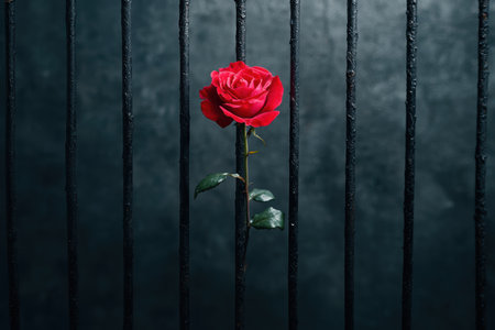 Solitary red rose behind iron barsの素材