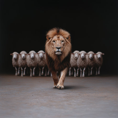 Powerful lion standing in front of herd of sheepの素材