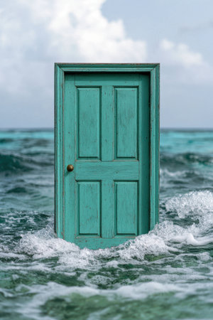 Weathered green door in the oceanの素材