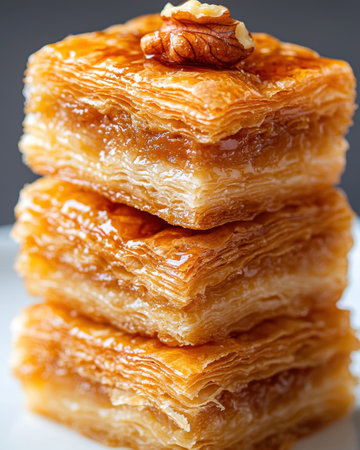 Delicious flaky baklava pastry with honey and nutsの素材