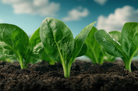fresh green spinach leaves growing in soilの素材