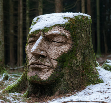 Weathered tree stump with moss and snowの素材
