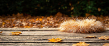 Autumn leaves and furry creature on wooden planksの素材
