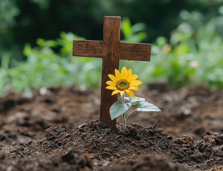 wooden cross with yellow sunflower in soilの素材