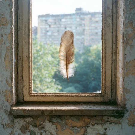 Feather floating in old window frameの素材