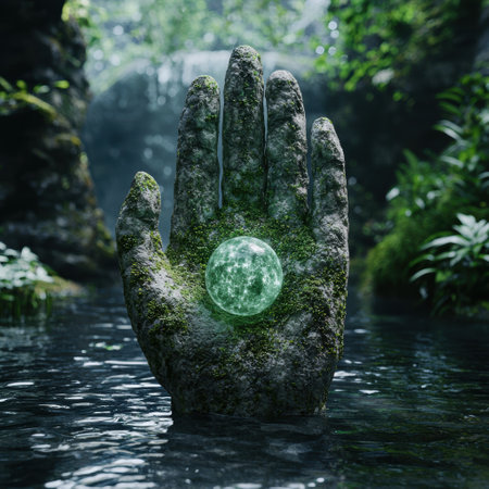 Mystical hand holding glowing orb in natureの素材