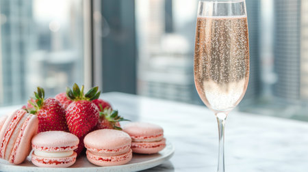 Sparkling wine and french macarons with fresh strawberriesの素材