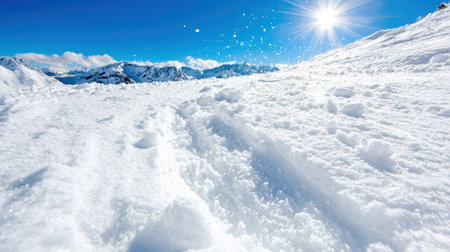 Snowy mountain landscape with bright sunlightの素材
