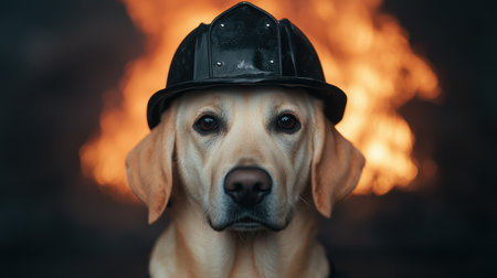 Heroic dog firefighter in actionの素材