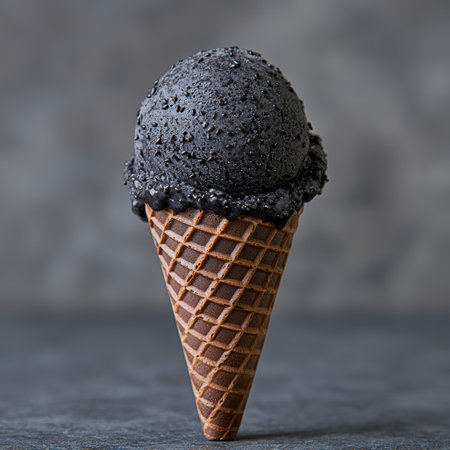 Delicious black ice cream scoop in waffle coneの素材