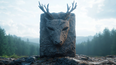 Mystical stone sculpture of a deer in the forestの素材