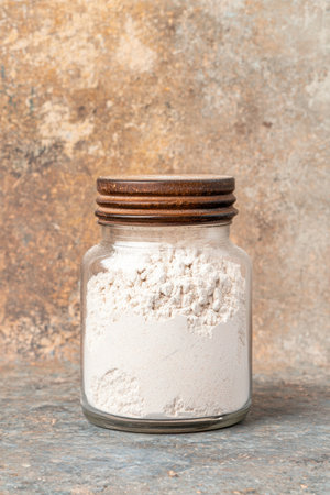 Glass jar filled with white flourの素材
