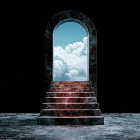 Surreal arched doorway with stairs leading to cloudy skyの素材