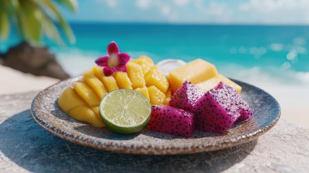 Tropical fruit plate with mango, dragon fruit, and limeの素材