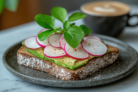 Delicious open-faced sandwich with radish slices and fresh greensの素材