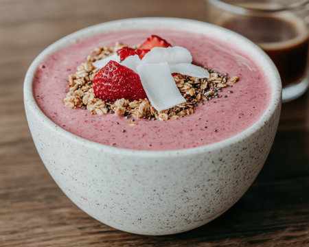 Delicious strawberry smoothie bowl with granola and coconutの素材