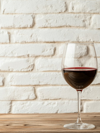 glass of red wine on wooden table with white brick wall backgroundの素材