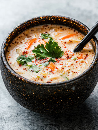 Delicious creamy soup with vegetables and herbsの素材
