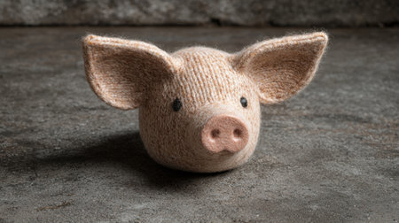 Cute plush pig toy on a dark backgroundの素材